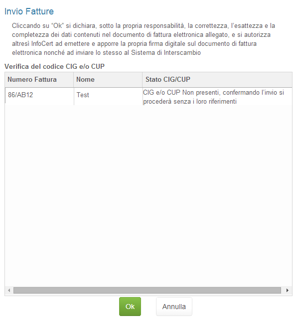 Figura 66 Il messaggio, ricevuto prima dell invio della fatture, serve a segnalate al cliente che uno dei due dati è mancante.