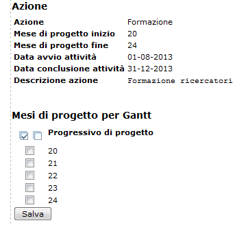 MESI DI PROGETTO PER GANTT Selezionando Salva e avanti è possibile indicare in quali mesi si svolge esattamente l azione, se in tutti quelli