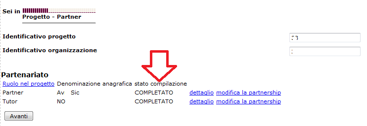 Il Soggetto Responsabile ha modo di visionare l elenco dei soggetti coinvolti e lo stato di compilazione dei campi loro destinati: - APERTO, se il partner ha aperto almeno una volta la scheda