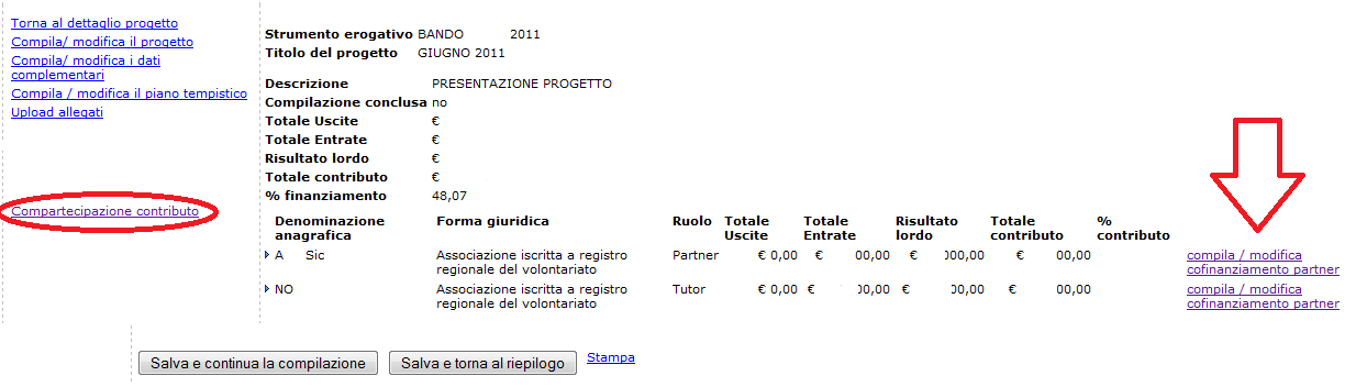 COMPARTECIPAZIONE AL CONTRIBUTO Il Soggetto Responsabile ha la possibilità di assegnare a ciascun partner componente della partnership una quota di contributo e/o