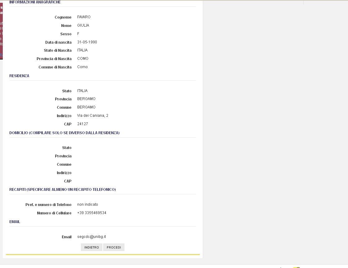 Nella pagina di riepilogo, controlla la correttezza dei dati, poi clicca su Procedi.