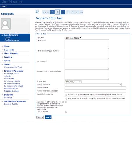 Inserisci il titolo della tesi sia in italiano che in inglese (campi obbligatori) ed eventualmente indica nel campo Abstract tesi una breve