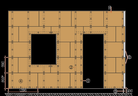 POSA SUI MURI CON OSSAT URA IN LEGNO APPLICAZIONI SPECIFICHE Elementi di fissaggio agli angoli sporgenti complementari (taglio orizzontale) 1- Pannello di gesso 2- Profilo metallico di supporto del