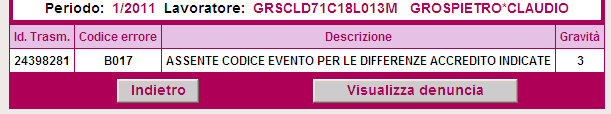 Codice Errore: B017 > ASSENTE CODICE EVENTO PER LE DIFFERENZE ACCREDITO INDICATE Utilizzato per: individuare la mancata valorizzazione di elementi del flusso.