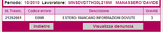 Codice Errore: E0NR > ESTERO: MANCANO INFORMAZIONI DOVUTE Utilizzato per: errata valorizzazione di elementi del flusso Lavoratori inviati all estero in Paesi con i quali vigono convenzioni parziali.