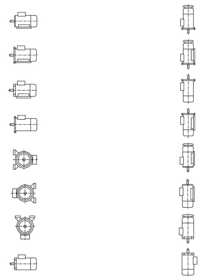 FORE COSTRUTTIVE I motori sono forniti nelle forme costruttive B3, B, B3B, B1, B3B1 e V1 compatibili con le disposizioni di montaggio mostrate in tabella e definite secondo la IEC037.