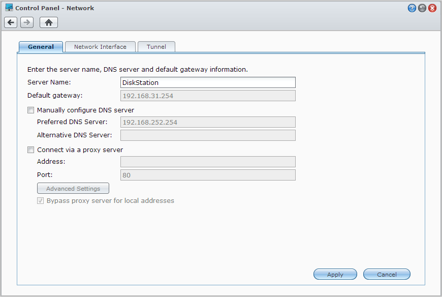 Guida dell utente di Synology DiskStation Modifica delle impostazioni di rete Andare su Menu principale > Pannello di controllo > Rete per modificare le seguenti impostazioni di rete della propria