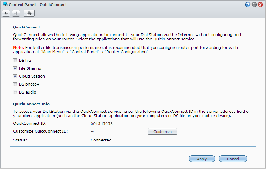 Guida dell utente di Synology DiskStation Accesso ai servizi DSM tramite QuickConnect QuickConnect è una soluzione che aiuta le applicazioni client (ad esempio DS file, Cloud Station, DS audio, ecc.