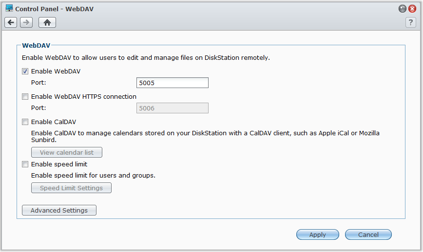 Guida dell utente di Synology DiskStation Accesso file via WebDAV Abilitando WebDAV o CalDAV (nel Menu principale > Pannello di controllo >