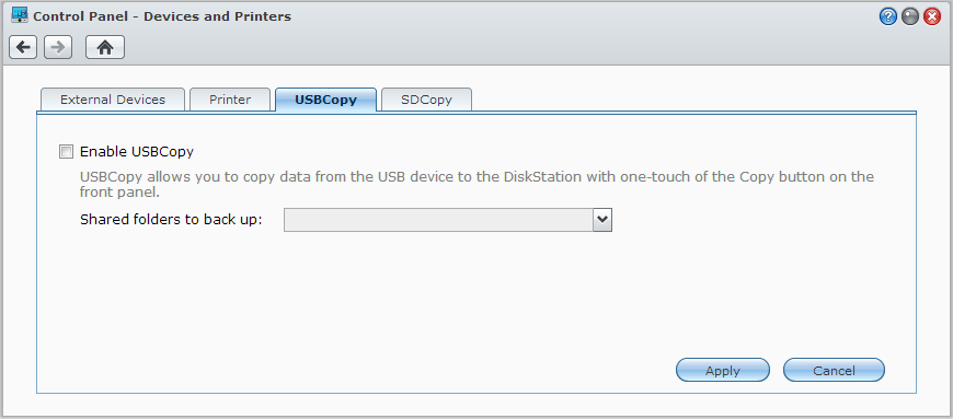 Guida dell utente di Synology DiskStation Backup dei dati su un dispositivo USB o scheda SD È possibile andare sul Menu principale > Pannello di controllo > Dispositivi e stampanti per specificare la