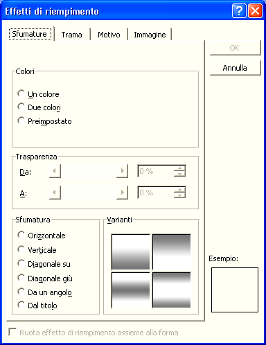 Formato ( Sfondo Due colori La scheda Sfumature, in aggiunta al colore singolo, permette di usare due colori, e