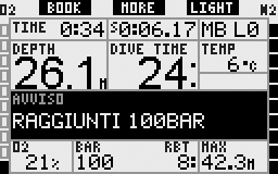 2. Menu, impostazioni e funzioni Durante l immersione, se la pressione della bombola raggiunge il valore impostato nel menu e l avviso è impostato su VISIVO o ENTRAMBI, Galileo visualizza per 12
