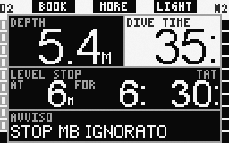 2. Menu, impostazioni e funzioni Se durante l immersione si risale oltre la profondità a cui andrebbe effettuato lo stop MB indicato e l avviso è impostato su VISIVO o ENTRAMBI, Galileo visualizza il