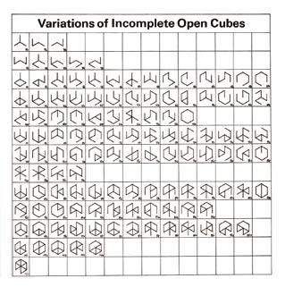 24. Wall drawings & structures: the location of six geometric figures variations of incomplete open cubes, New York, The John Weber Gallery, 1974; 38,2x38,2 cm., fogio ripiegato, pp.