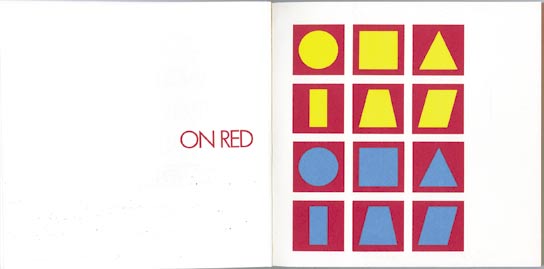 44. Geometric figures & color - Circle, square, trangle, rectangle, trapezoid and parallelogram in red, yellow and blue on red,