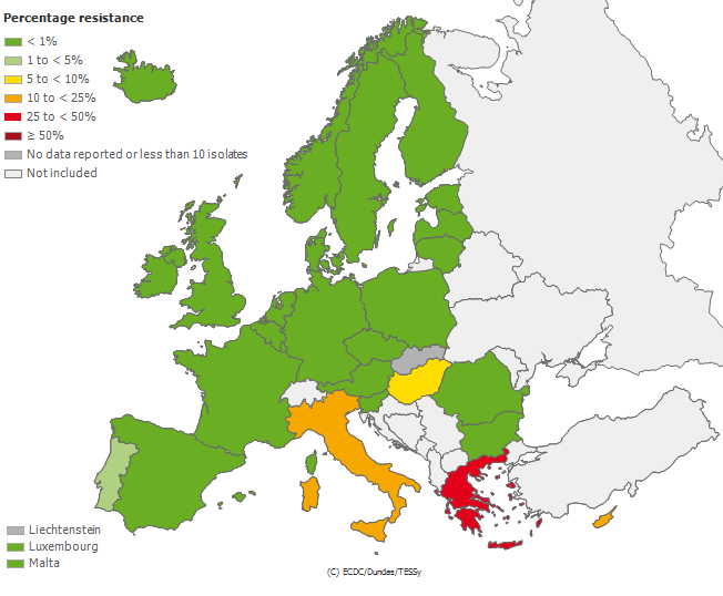 B: Percentuale di isolati di K. pneumoniae resistenti ai carbapenemi nel 2010 Figura 2. Klebsiella pneumoniae: percentuale di isolati di K.