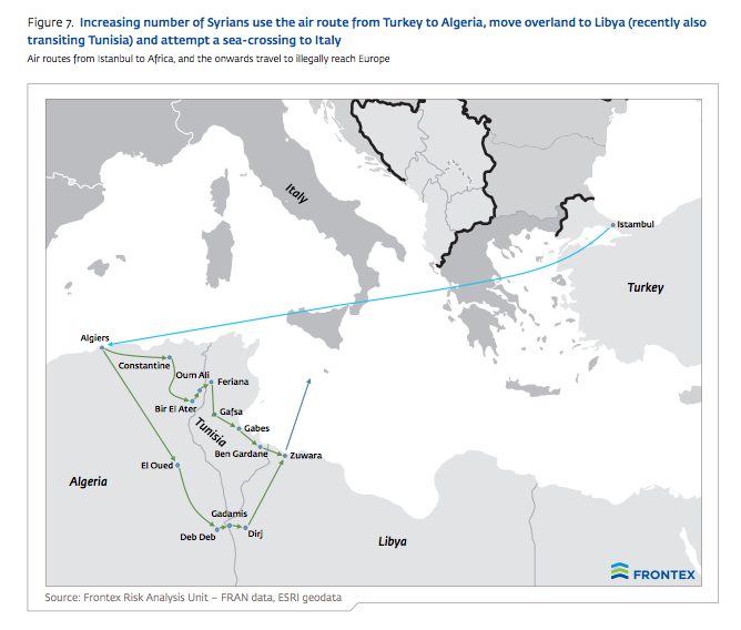 Secnd Frntex, il fluss di siriani che dalla Siria parte per il Mediterrane muve sempre più dalla Turchia per arrivare all Algeria via aerea. Da qui, inizia la rtta terrestre fin alle cste libiche.