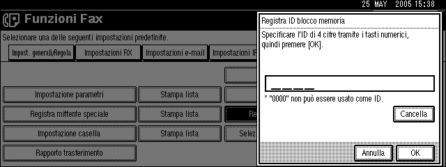 Impostazioni fax 4 Registra ID polling Programmare un ID Polling per utilizzare le funzioni di Richiesta di trasferimento, Stazione di trasferimento, Trasmissione polling ID predefinito e Ricezione