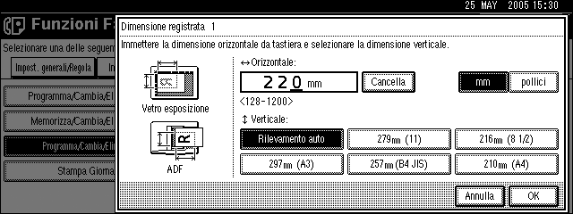 Programmazione, Modifica ed Eliminazione di una dimensione scansione E Immettere un formato orizzontale utilizzando i tasti numerici.