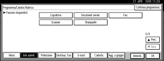 Informazioni sull autenticazione Registrazione di un codice utente Questa sezione spiega come registrare un codice utente. A Premere [Impostazioni di Sistema]. B Premere [Strumenti Amministratore].