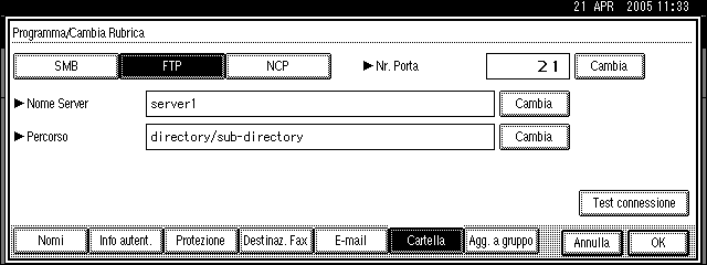 Registrazione degli indirizzi e utenti per le funzioni fax/scanner I Premere [Test connessione] per verificare se il percorso è stato impostato correttamente. J Premere [Esci].
