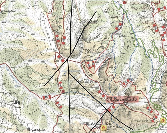 La cresta che stiamo percorrendo è parallela ad una faglia che attraversa la Valle del Sole, la Valle degli Angeli, percorre a mezza costa il versante che si affaccia verso la piana di Rieti, per poi