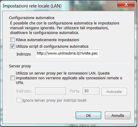 Deselezionare la casella Rileva automaticamente impostazioni. Selezionare la casella Utilizza script di configurazione automatica e inserire nel campo "Indirizzo" http://www.