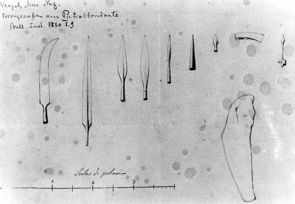 98 Gianluca Tagliamonte CuPAUAM 28-29, 2002-2003 Fig. 2 Armi dagli scavi borbonici di Pietrabbondante (Deutsches Archälogisches Institut Rom, Archivio disegni, cassetto 49, cartella P, 1860.