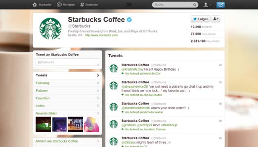 www.twitter.com/starbucks Starbucks La catena Starbucks, nel corso degli ultimi anni, ha costruito una community enorme ed è a contatto diretto con i clienti.