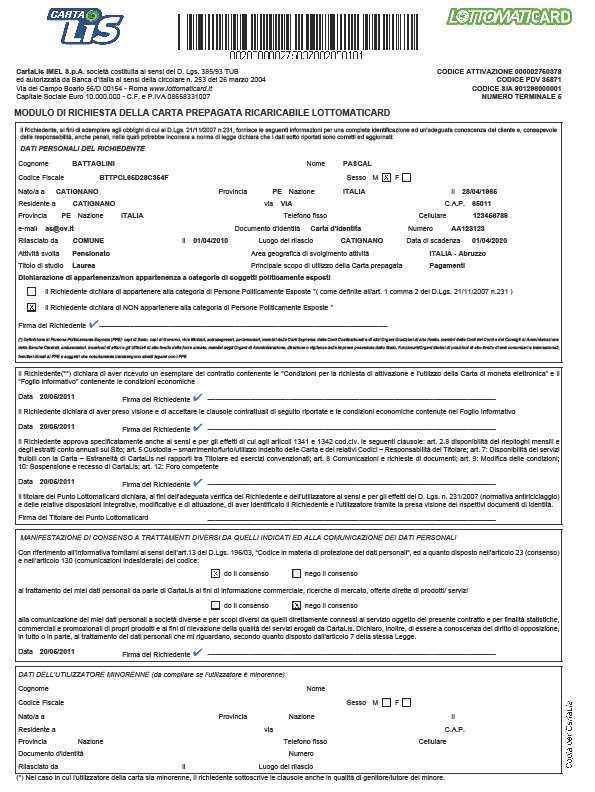 AQUISIZIONE DEL CONTRATTO Fac-simile del fronte