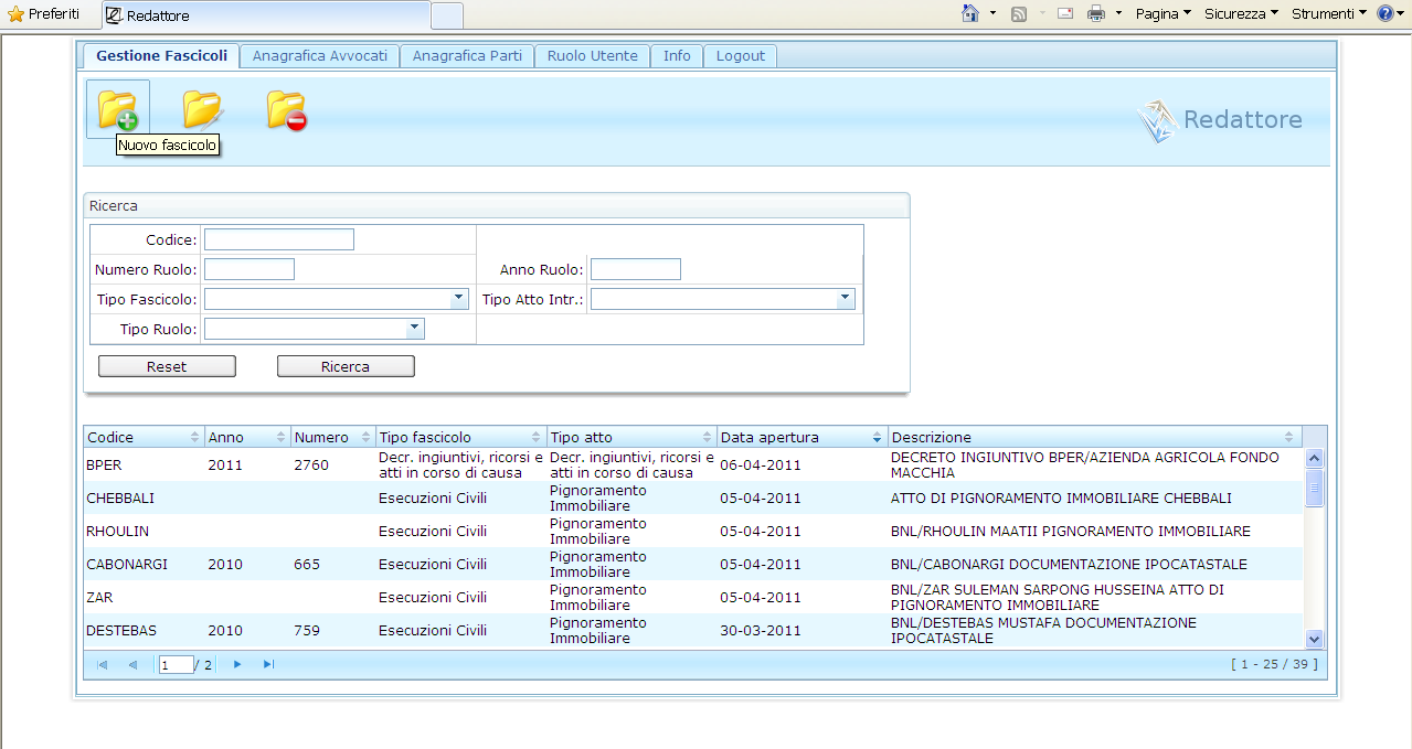 GESTIONE FASCICOLI Premere NUOVO FASCICOLO REDATTORE ATTI Se non sono mai