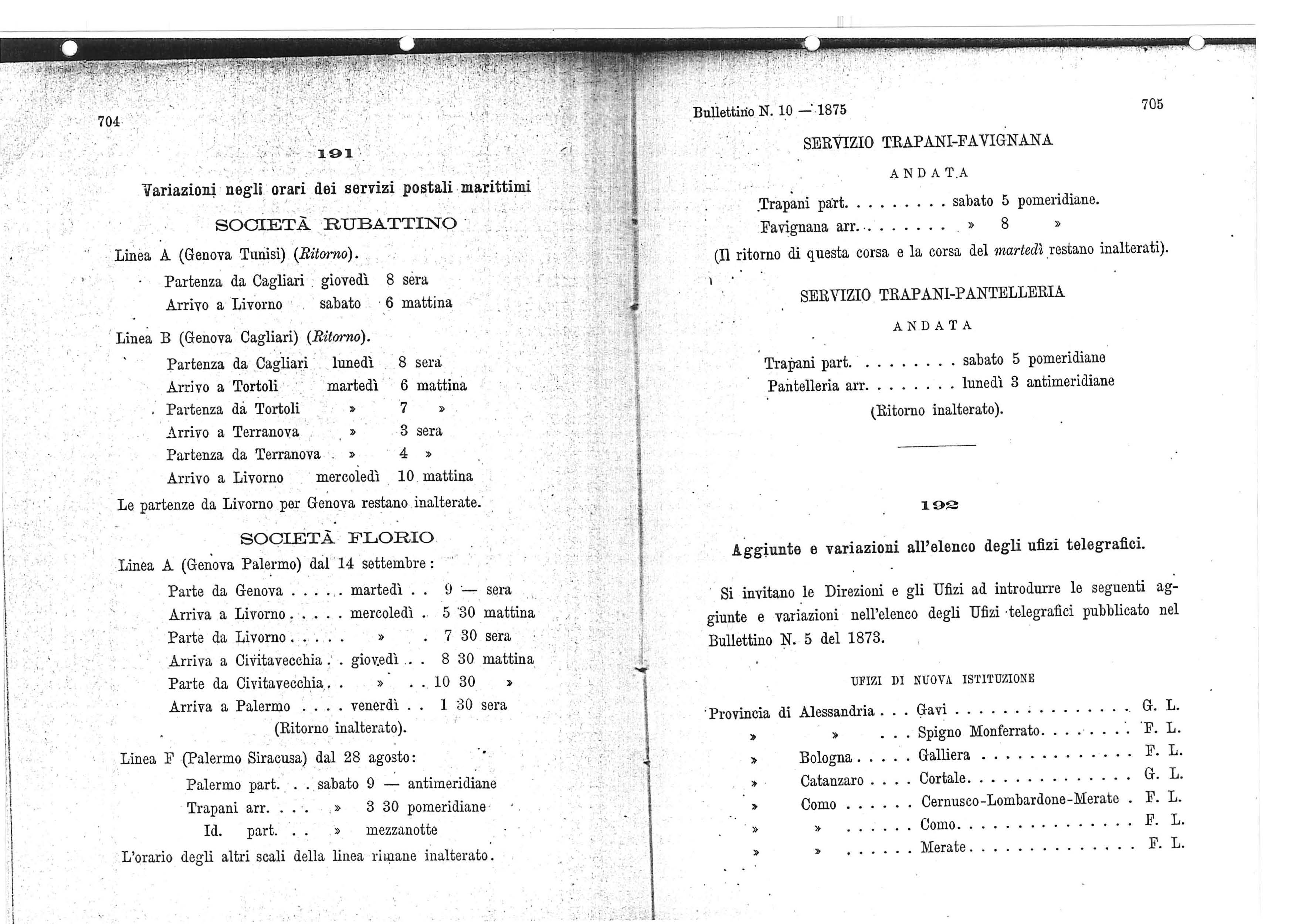 706 Bnllettino N.. 10-1875 707 / Provincia di Cremona. Cuneo. Firenze ' )} Foggia. Forlì Grosseto Lecce Mantova. Milano. Napoli. Padova Perugia. Porto Maurizio Potenza. Roma.