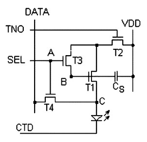 7(a) è raffigurato il circuito di base della programmazione a compensazione parallela (Parallel-Compensation Voltage Programming).