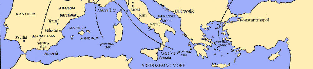 91 Dobar opis širenja kuge prema Europi i njen dolazak na europski kontinent može se pronaći u: Benedictow, The Black Death, 35-67; Vidjeti i: Blažina-Tomić, Uloga javnih, 20-25.