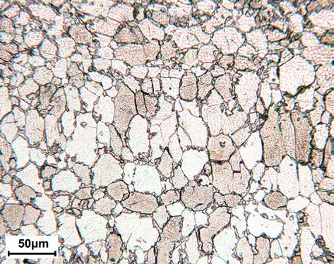 Nastro laminato a freddo e ricotto; zona termicamente alterata dopo saldatura a resistenza Acciaio inossidabile ferritico tipo X6Cr17 (simile all AISI 430) Reagente: Vilella Grani ferritici omogenei