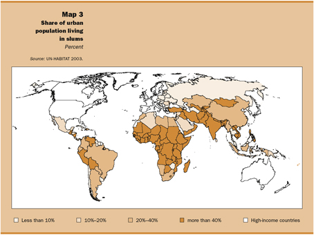 Mappa 3 Percentuale della popolazione urbana che vive in quartieri degradati (percento) Fonte: UN-HABITAT 2003 Perché i i sono così eterogenei La chiave per conseguire gli Obiettivi nei Paesi a basso