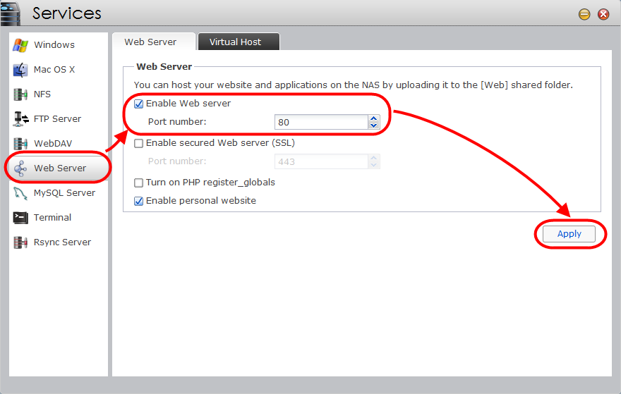 2. Hosting di siti web usando la funzione Host Virtuale Il NAS ASUSTOR supporta l'hosting virtuale per l'hosting di più nomi di dominio sul NAS.