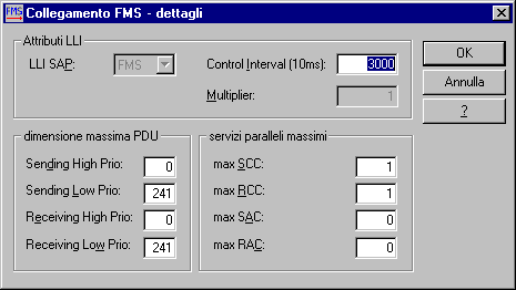 Esempio di progettazione PROFIBUS FMS 6WDELOLUHLGHWWDJOLGHOFROOHJDPHQWR)06 1. Scegliere nel campo di dialogo "Collegamento FMS - Parametri di comunicazione" il pulsante "Dettagli".