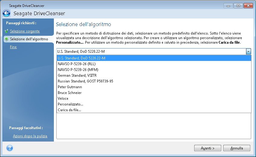 Seagate DriveCleanser utilizza una serie dei metodi di distruzione dei dati più diffusi descritti dettagliatamente nella sezione Metodi di eliminazione dei dati sul disco rigido di questo manuale.