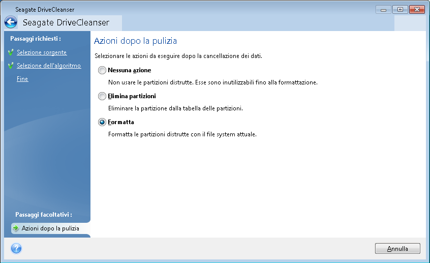 Dopo avere selezionato o creato il metodo di cancellazione del disco, fare clic su Avanti per continuare. Seagate DriveCleanser visualizzerà il riepilogo dell'attività di distruzione dei dati.