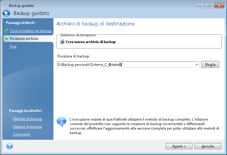 Per modificare la posizione dei file di backup aggiunti, cercare una nuova posizione di backup dopo aver fatto clic sul pulsante Sfoglia, altrimenti lasciare la stessa posizione dell'archivio