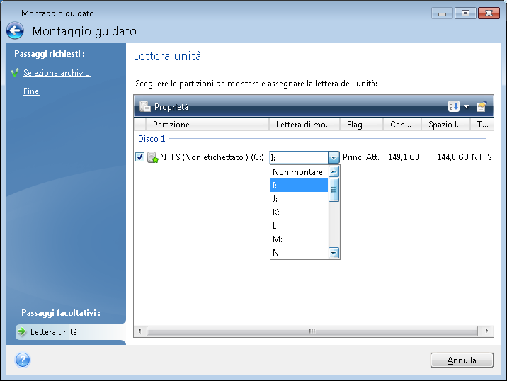 È possibile inoltre selezionare una lettera da assegnare al disco virtuale dall'elenco a discesa Lettera di montaggio.