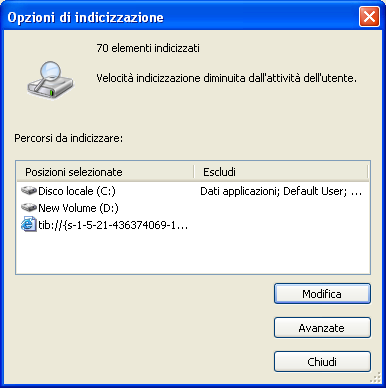 Per aprire la finestra Opzioni di indicizzazione in Windows Vista, aprire il Pannello di controllo e fare doppio clic sull'icona Opzioni di indicizzazione.