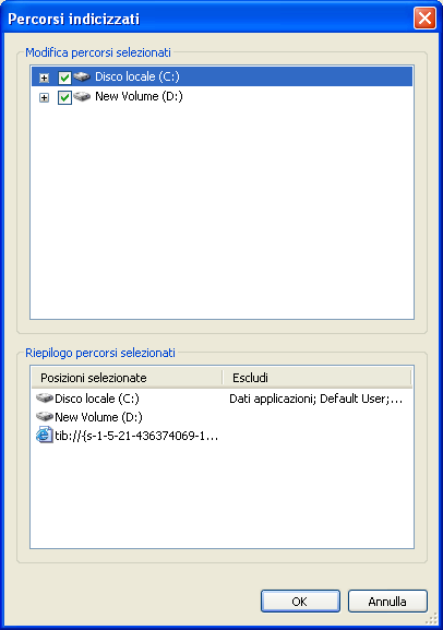 l'elenco non contiene tali dischi, i file di tipo tib non saranno indicizzati. Per includere i dischi, fare clic su Modifica e selezionarli nella finestra visualizzata.