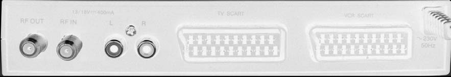 - Ingresso LNB per collegare il decoder alla parabola - Uscite RCA: audio. - Alimentazione elettrica. - Uscita SCART TV per collegare il decoder alla TV - Uscita SCART VCR per collegamento VCR.