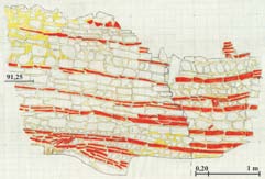 Il fondo artificiale in cementizio della cisterna inizia circa a metà della sezione, su un gradino della roccia (3).