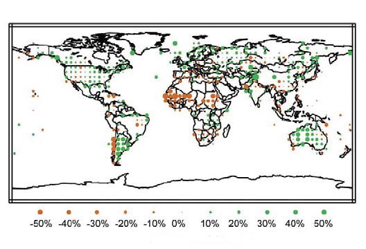 In verde le zone in cui la quantità di pioggia (o neve fusa) è cresciuta, come ad esempio il Nord Europa, l Argentina, l Australia (fino a +50%); in arancione le regioni che hanno sperimentato una