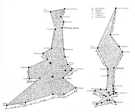 Moar (1978), ad esempio, ha dimostrato che le massaie di Cambridge (centro) danno una rappresentazione della Gran Bretagna molto diversa rispetto alle massaie di Glascow, in Scozia (destra).
