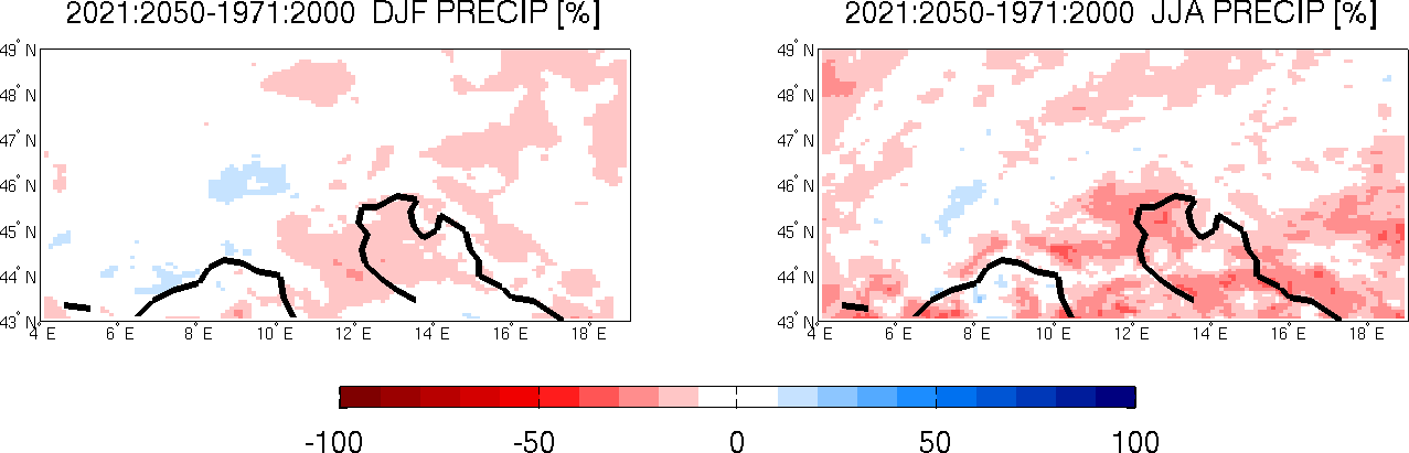 14: Segnale di cambiamento climatico espresso in termini di differenza tra le medie climatologiche per la temperatura a 2m tra i periodi 2021-2050 e 1971-2000; nella stagione invernale (pannello di