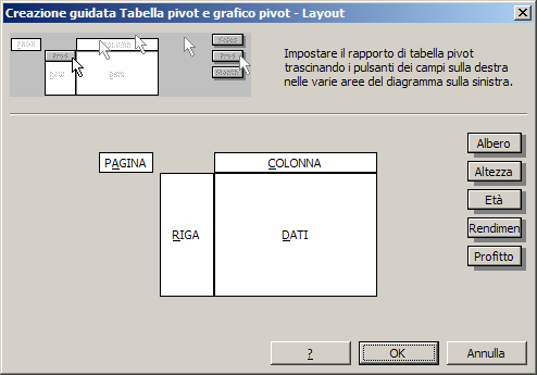 so in cui si voglia impostare il layout della tabella pivot occorre cliccare su pulsante Layout: È possibile modificare l'impostazione predefinita suggerita in questa finestra, trascinando al centro